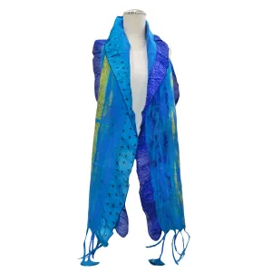Handmade Felted Merino Wool Chiffon Scarf Wrap Pomegranate Moon Collage Sari 78" x 15"