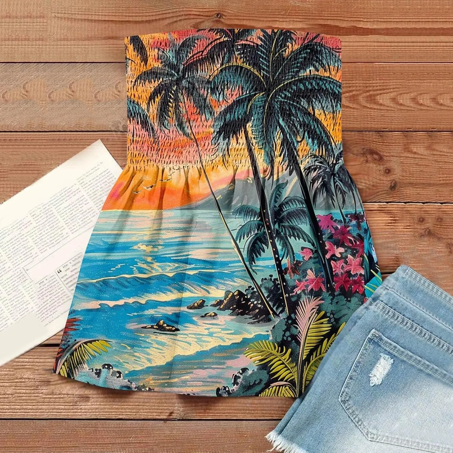 Hawaiian Print Tube Summer Tops Women Elastic Trim Strapless Vintage Blouse Multicolour Off The Shoulder Tees