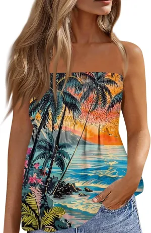 Hawaiian Print Tube Summer Tops Women Elastic Trim Strapless Vintage Blouse Multicolour Off The Shoulder Tees