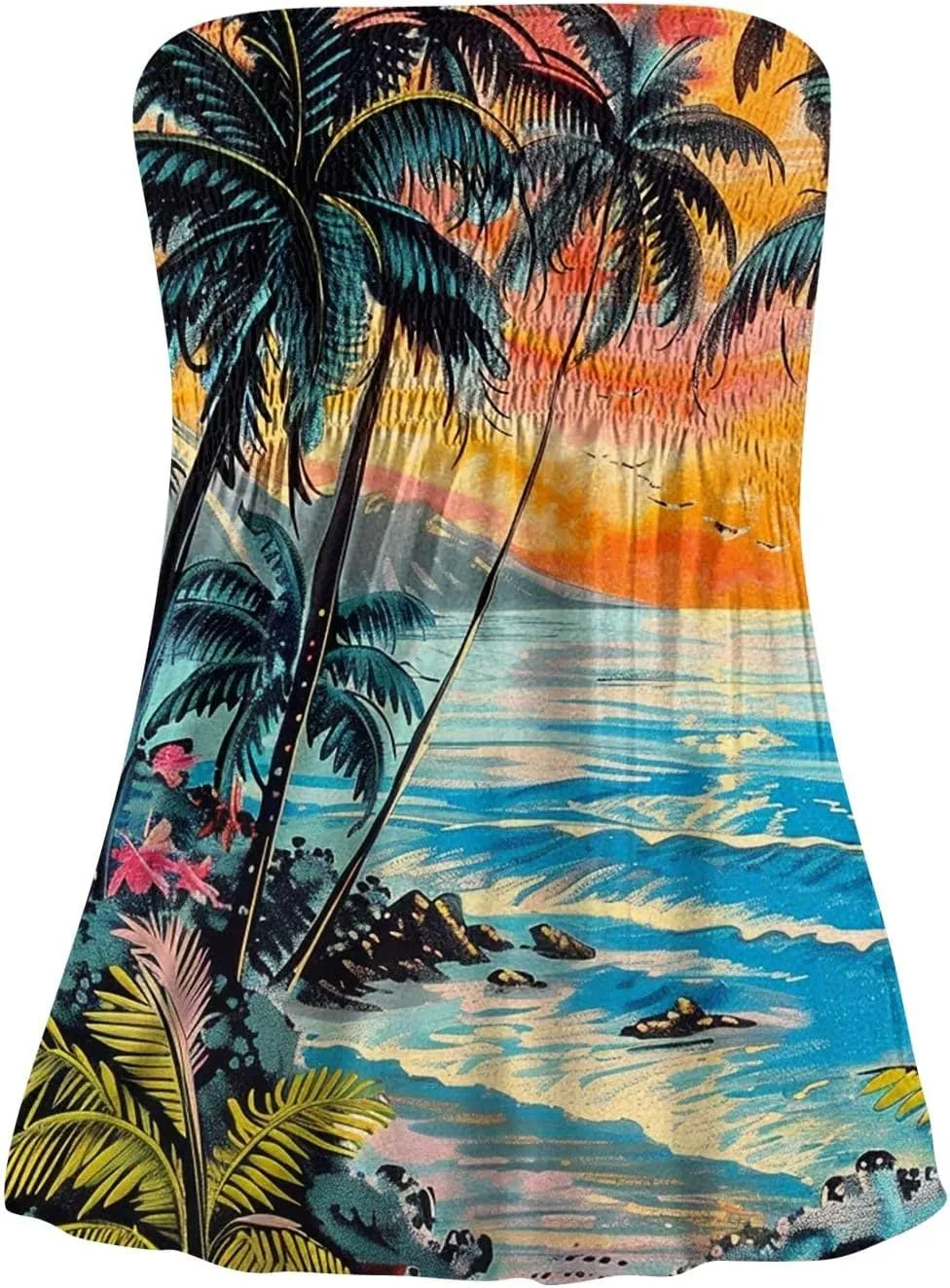 Hawaiian Print Tube Summer Tops Women Elastic Trim Strapless Vintage Blouse Multicolour Off The Shoulder Tees