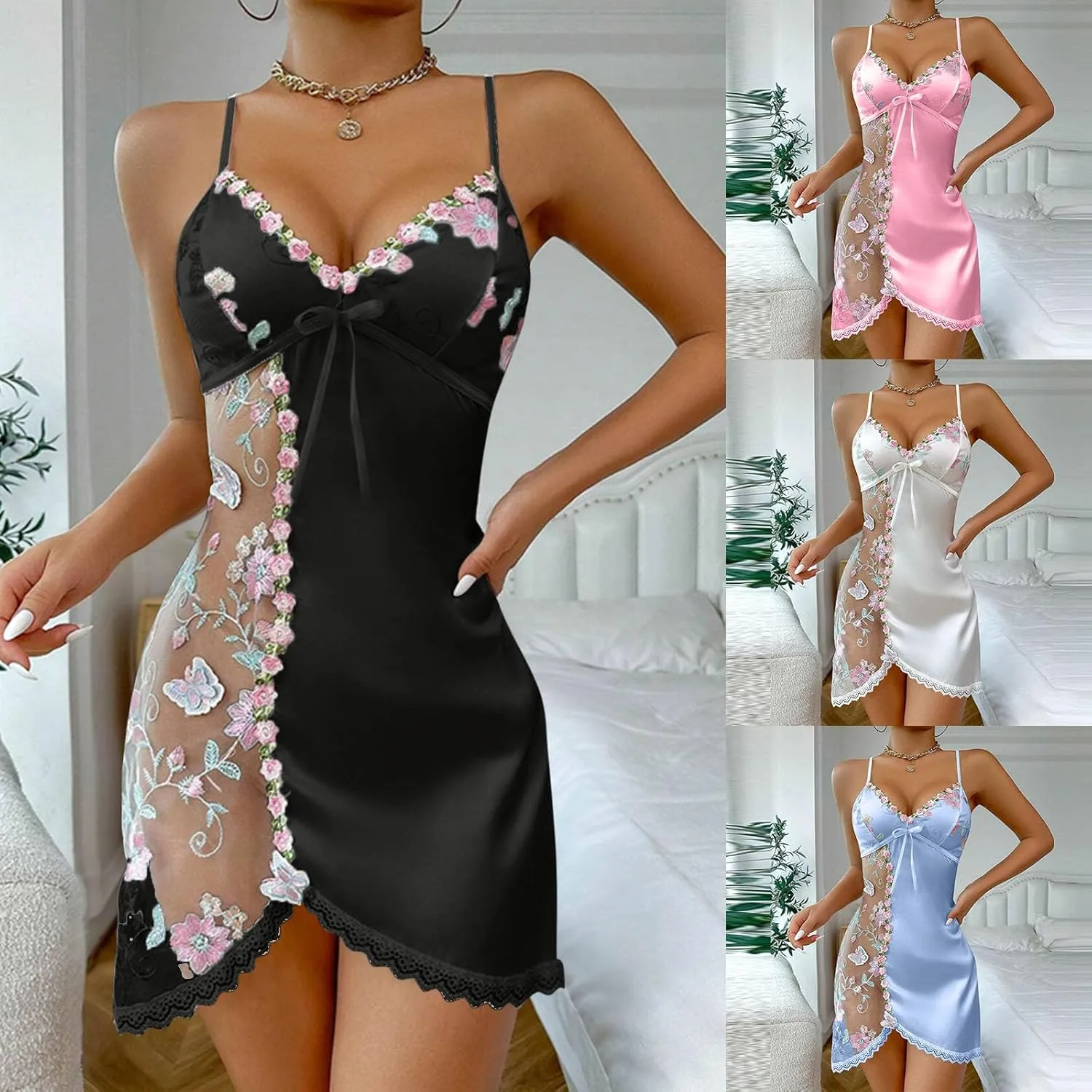 HGps8w Lingerie for Women Satin Nightgown Floral Embroidery Sexy Sheer See Through V Back Babydoll Sleepwear Boudoir Outfits