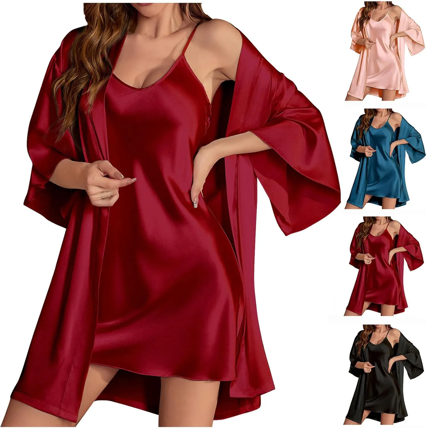 HGps8w Satin Pajamas Sets for Women Sexy V Neck Slik Nightgown & Short Robe Kimono Bathrobe 2 Piece Pjs Set Sleepwear