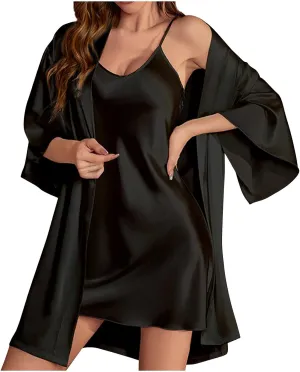 HGps8w Satin Pajamas Sets for Women Sexy V Neck Slik Nightgown & Short Robe Kimono Bathrobe 2 Piece Pjs Set Sleepwear