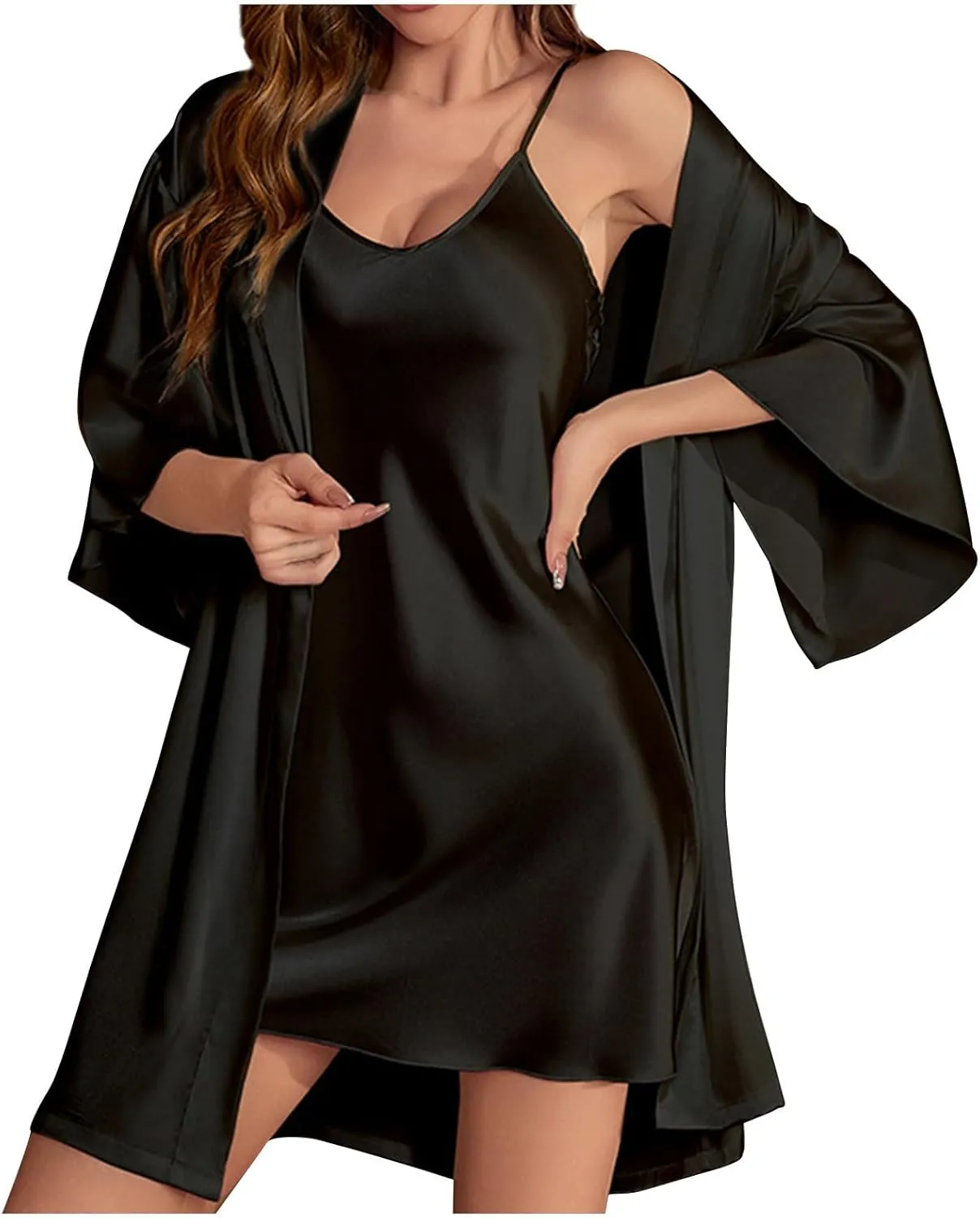 HGps8w Satin Pajamas Sets for Women Sexy V Neck Slik Nightgown & Short Robe Kimono Bathrobe 2 Piece Pjs Set Sleepwear