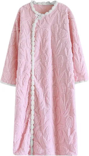 HGps8w Women's Flannel Jacquard Nightgown, Thick Warm Fuzzy Fleece Cozy Plush Loungewear Winter Pajamas Dress
