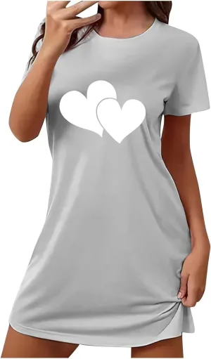 HGps8w Womens Nightgown Sleepwear, Cute Herat Printed Short Sleeve Crewneck Loose Sleepshirt Short Pajamas Dress