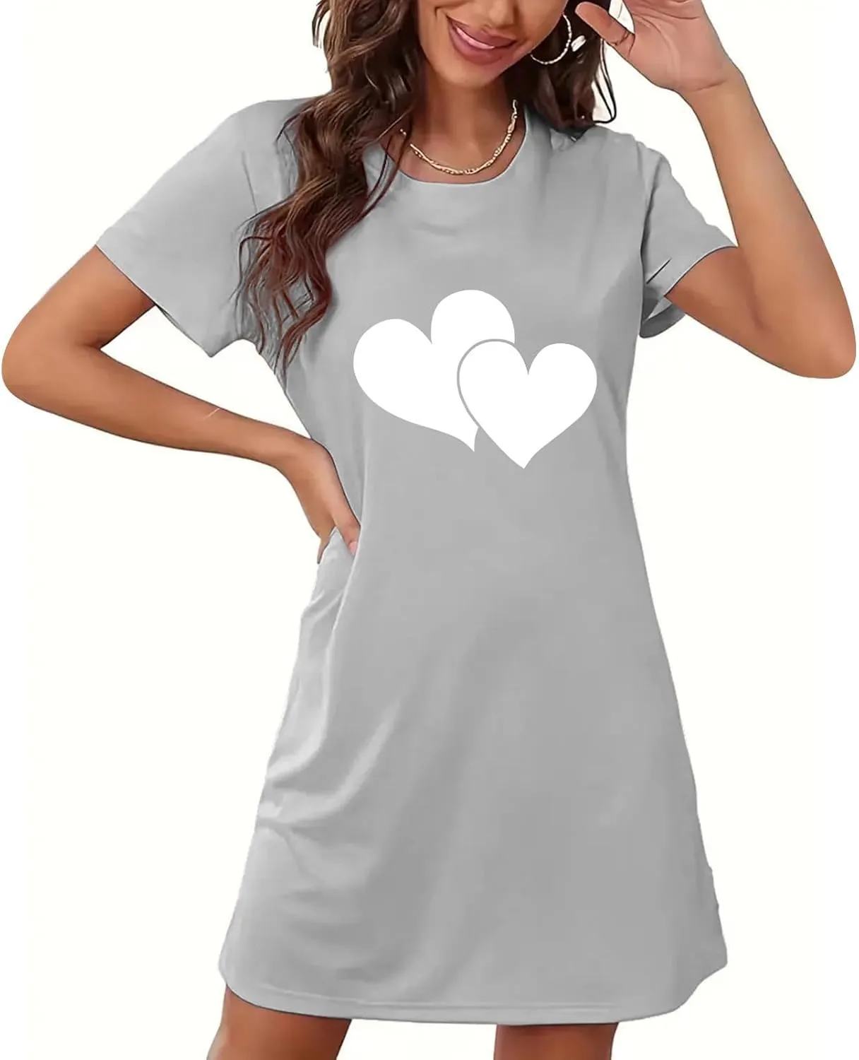 HGps8w Womens Nightgown Sleepwear, Cute Herat Printed Short Sleeve Crewneck Loose Sleepshirt Short Pajamas Dress