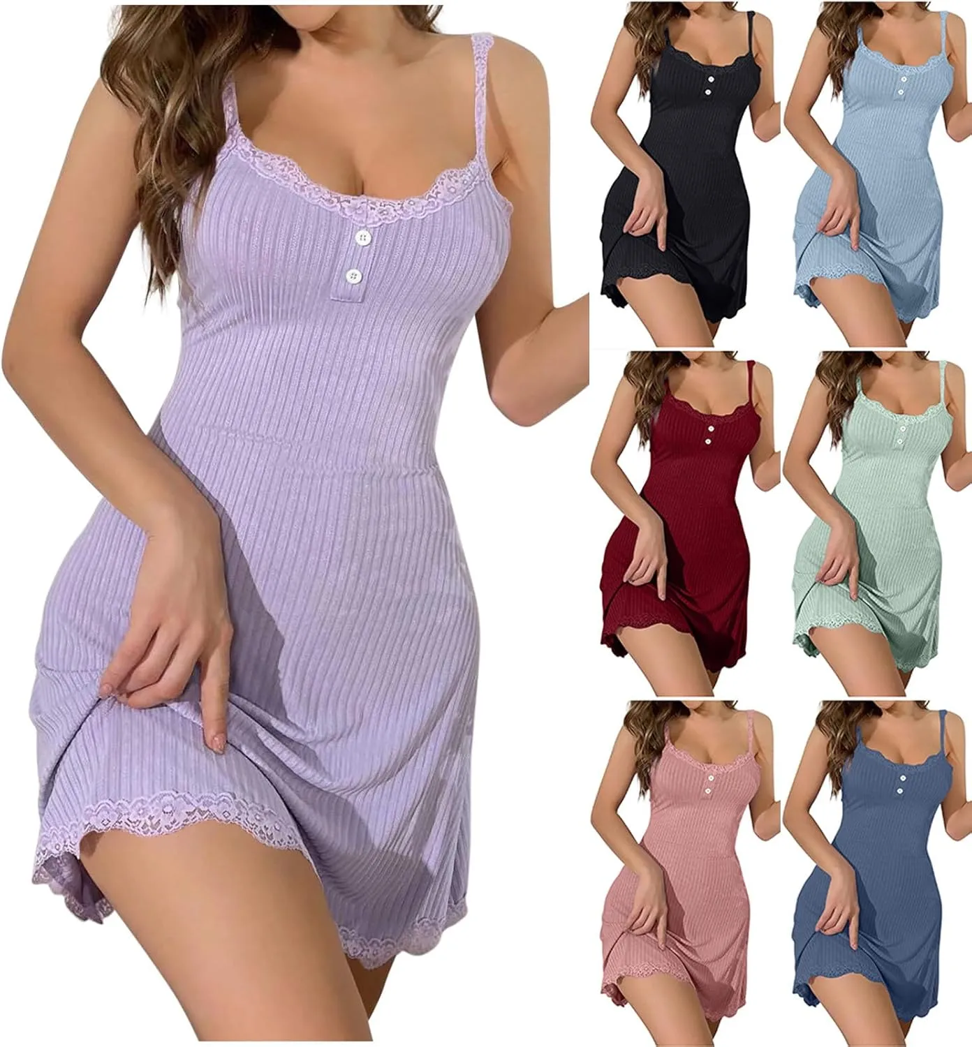 HGps8w Women's Ribbed Nightgown Lace Trim Mini Babydoll Lingerie Dress Sexy Summer Sleepwear Chemise Nightwear