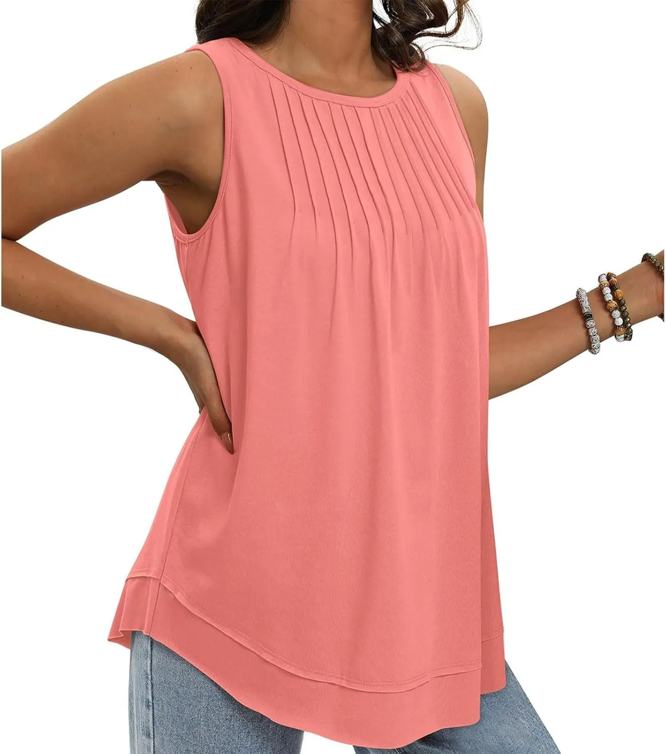 Hide Belly Fat Tunic Womens Tank Tops Casual Pleated Sleeveless Tee Blouses Summer Cute Double Layer Tshirt Trendy Tops