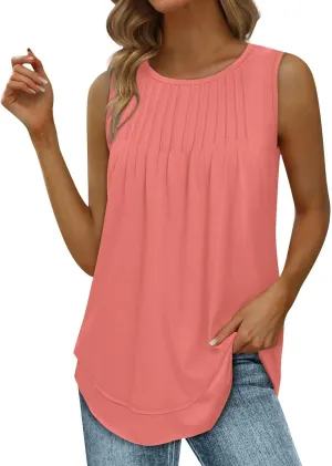 Hide Belly Fat Tunic Womens Tank Tops Casual Pleated Sleeveless Tee Blouses Summer Cute Double Layer Tshirt Trendy Tops