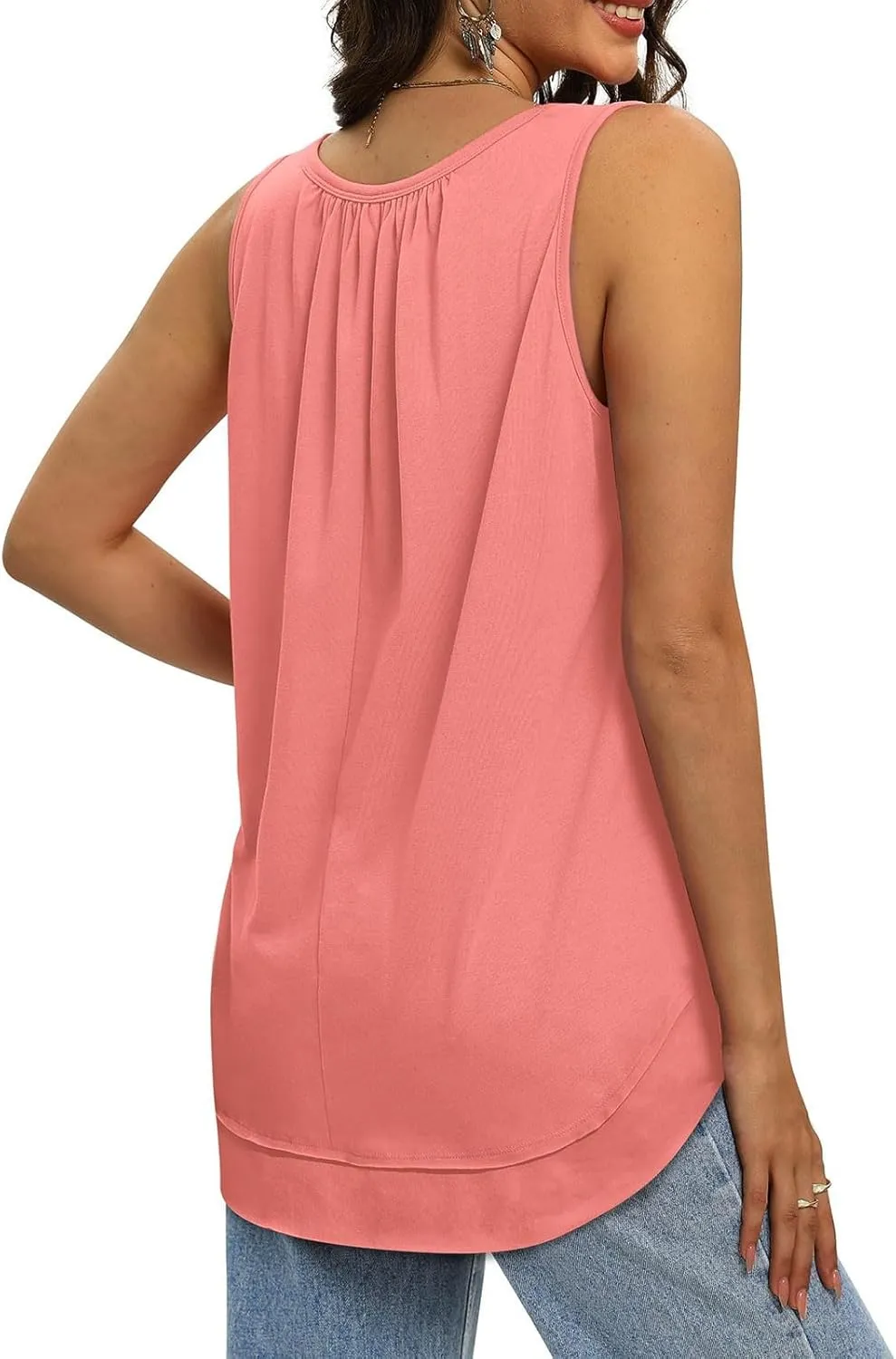 Hide Belly Fat Tunic Womens Tank Tops Casual Pleated Sleeveless Tee Blouses Summer Cute Double Layer Tshirt Trendy Tops