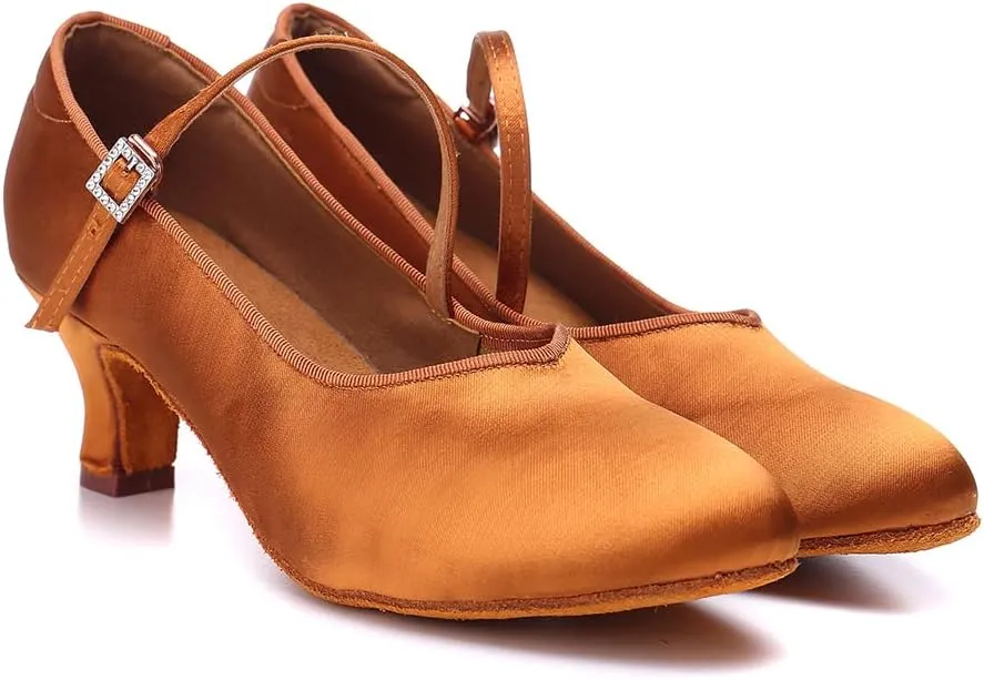 HIPPOSEUS Women's Latin Ballroom Dance Shoes Closed Toe Satin Salsa Practice Dancing Shoes Suede Sole