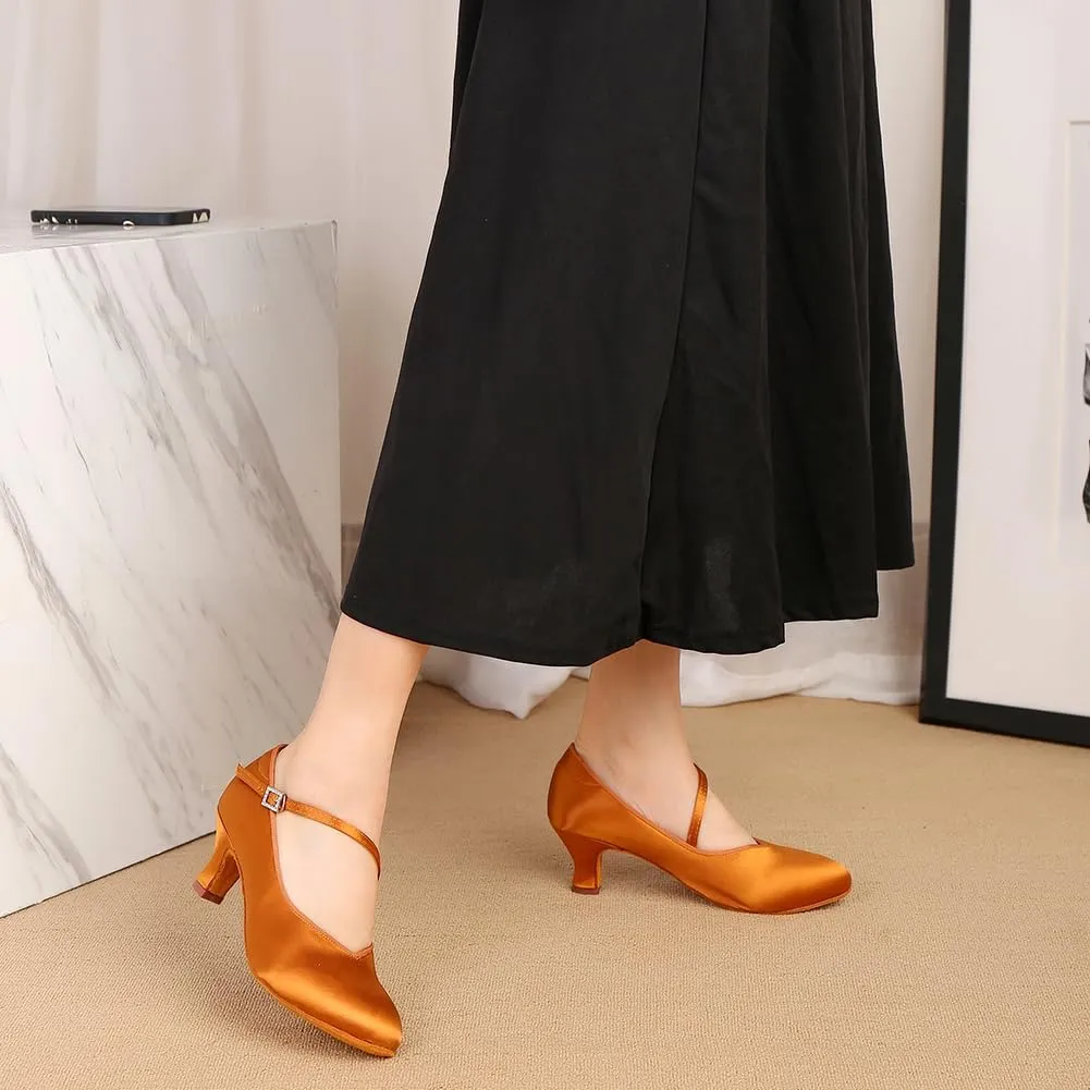 HIPPOSEUS Women's Latin Ballroom Dance Shoes Closed Toe Satin Salsa Practice Dancing Shoes Suede Sole