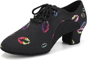HIPPOSEUS Women's Latin Dance Practice Shoes 2" Heel Closed Toe Ballroom Dance Salsa Dance Training Shoes with Suede Sole