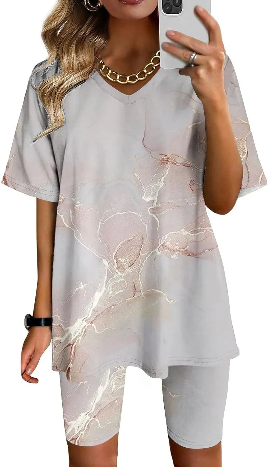 hlysgo Women's Lounge Sets Summer Fashion Printed Short Sleeve 2 Pieces Tshirt Bike Shorts Loungewear Outfits