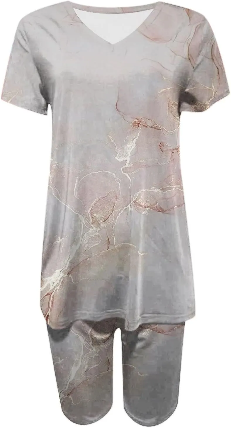 hlysgo Women's Lounge Sets Summer Fashion Printed Short Sleeve 2 Pieces Tshirt Bike Shorts Loungewear Outfits