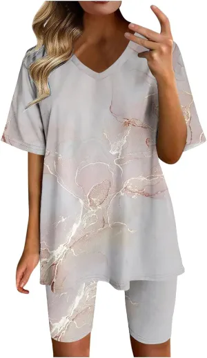 hlysgo Women's Lounge Sets Summer Fashion Printed Short Sleeve 2 Pieces Tshirt Bike Shorts Loungewear Outfits