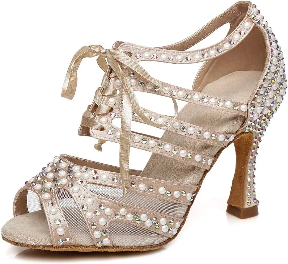 HROYL Women Rhinestone Dance Shoes for Latin Salsa Waltz Ballroom Wedding Party Performence Dance Shoes,YCL433