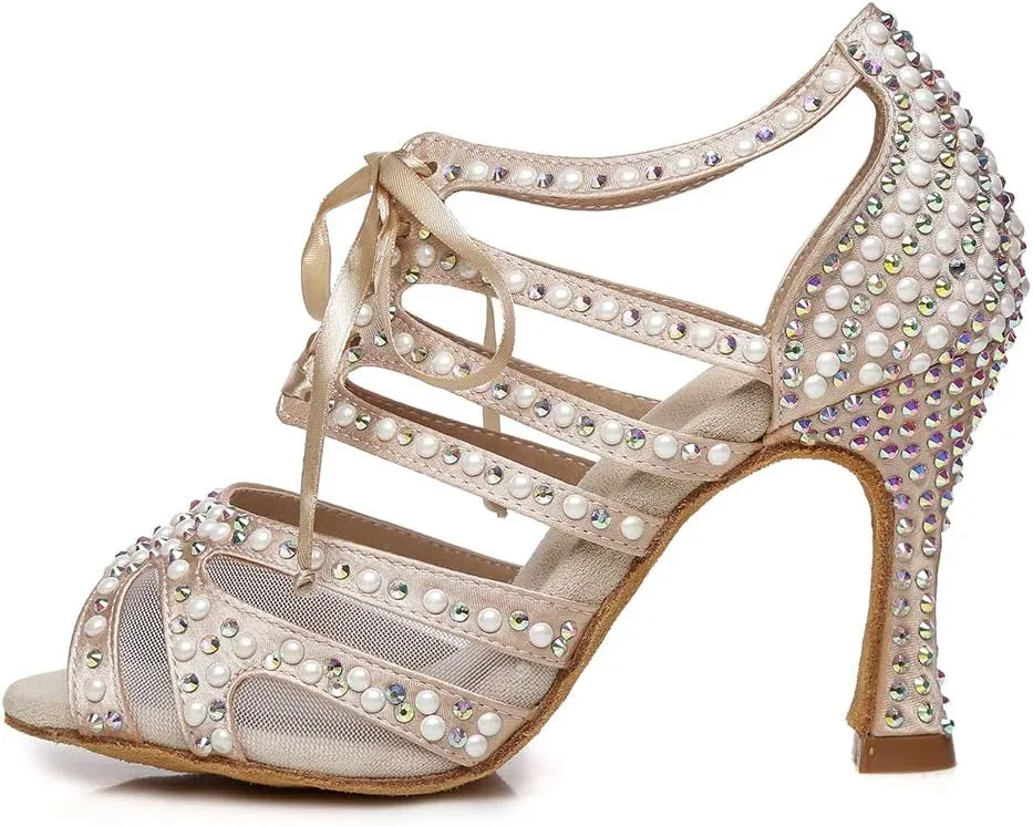 HROYL Women Rhinestone Dance Shoes for Latin Salsa Waltz Ballroom Wedding Party Performence Dance Shoes,YCL433