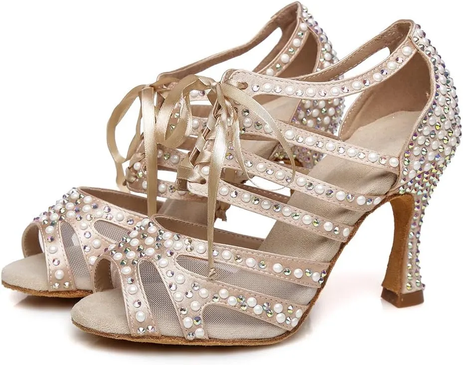 HROYL Women Rhinestone Dance Shoes for Latin Salsa Waltz Ballroom Wedding Party Performence Dance Shoes,YCL433