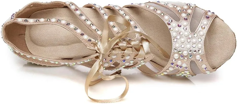 HROYL Women Rhinestone Dance Shoes for Latin Salsa Waltz Ballroom Wedding Party Performence Dance Shoes,YCL433