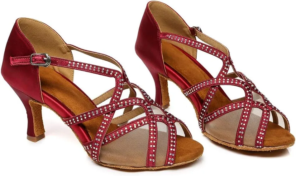 HROYL Women's Rhinestones Ballroom Dance Shoes Latin Satin Salsa Bachata Performance Wedding Party Dance Shoes,Model YCL441