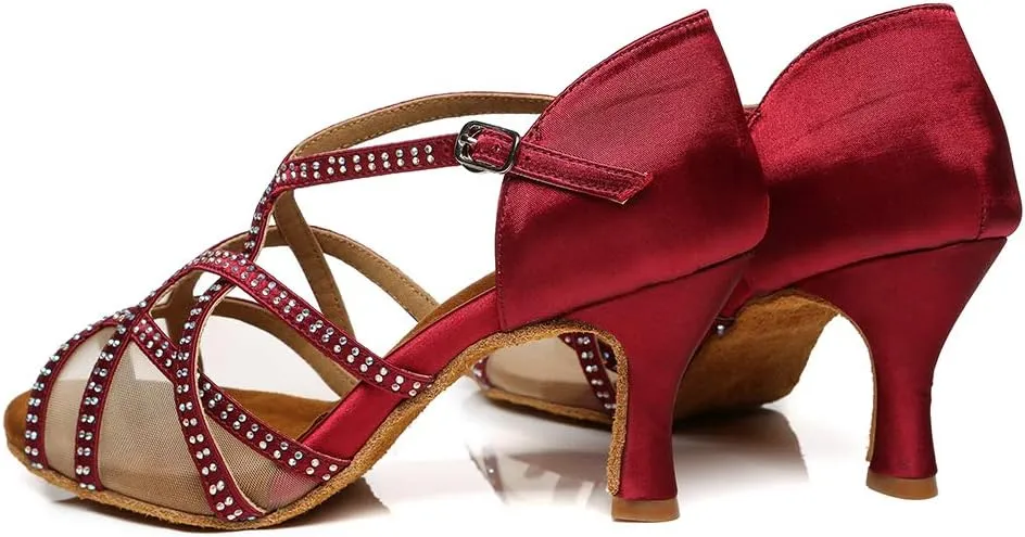 HROYL Women's Rhinestones Ballroom Dance Shoes Latin Satin Salsa Bachata Performance Wedding Party Dance Shoes,Model YCL441