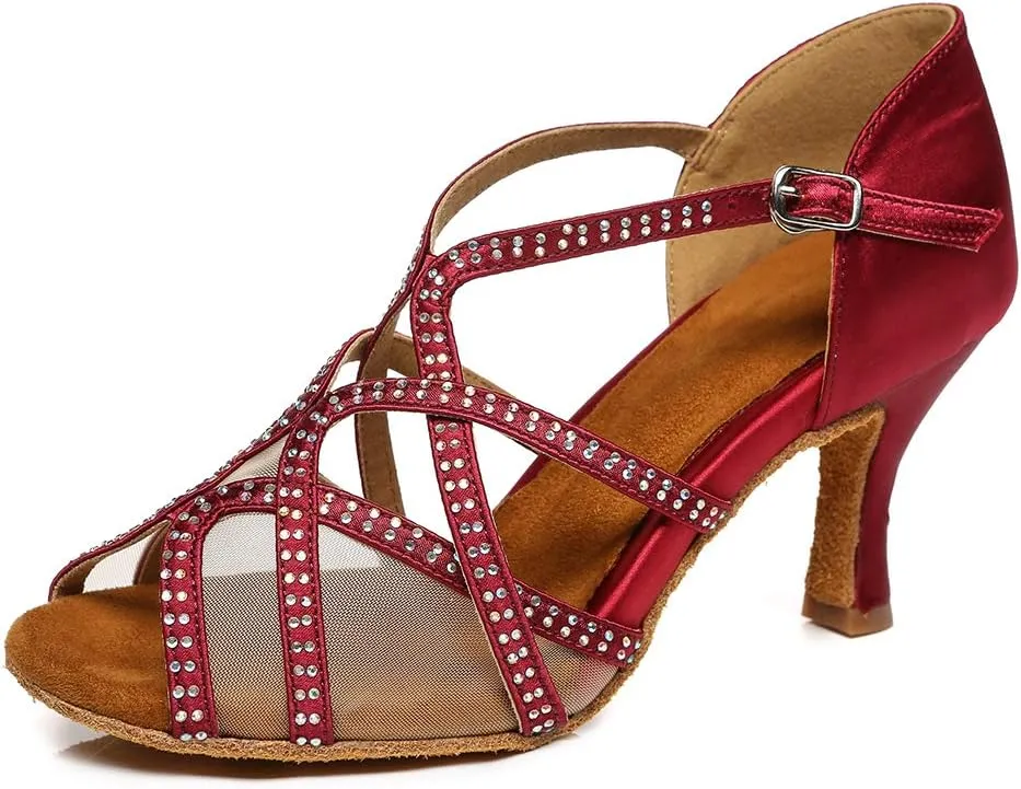 HROYL Women's Rhinestones Ballroom Dance Shoes Latin Satin Salsa Bachata Performance Wedding Party Dance Shoes,Model YCL441