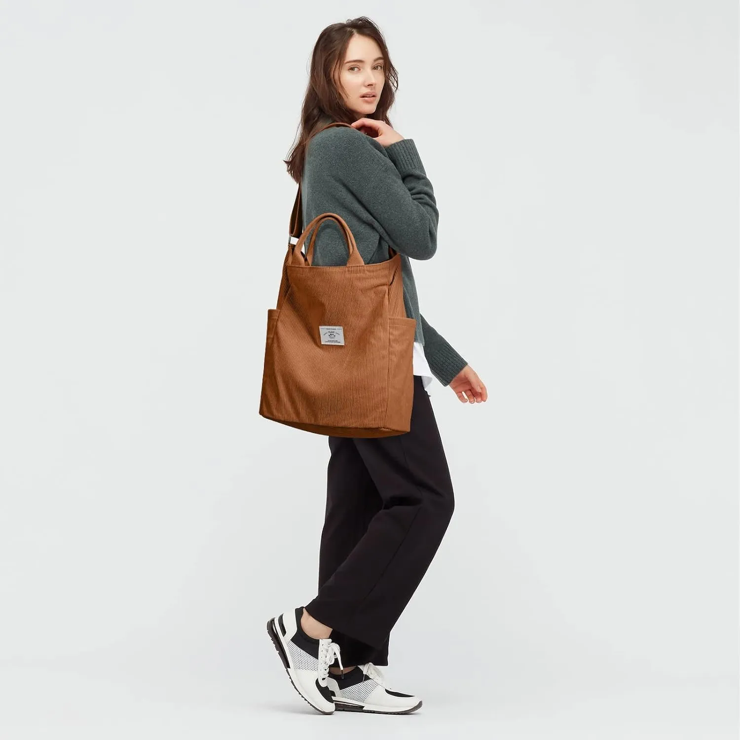 KALIDI Corduroy Tote Bag, Large Messenger Bag Shoulder Hobo Anti Splash Crossbody Zipper Bag Casual Work Shopping Women