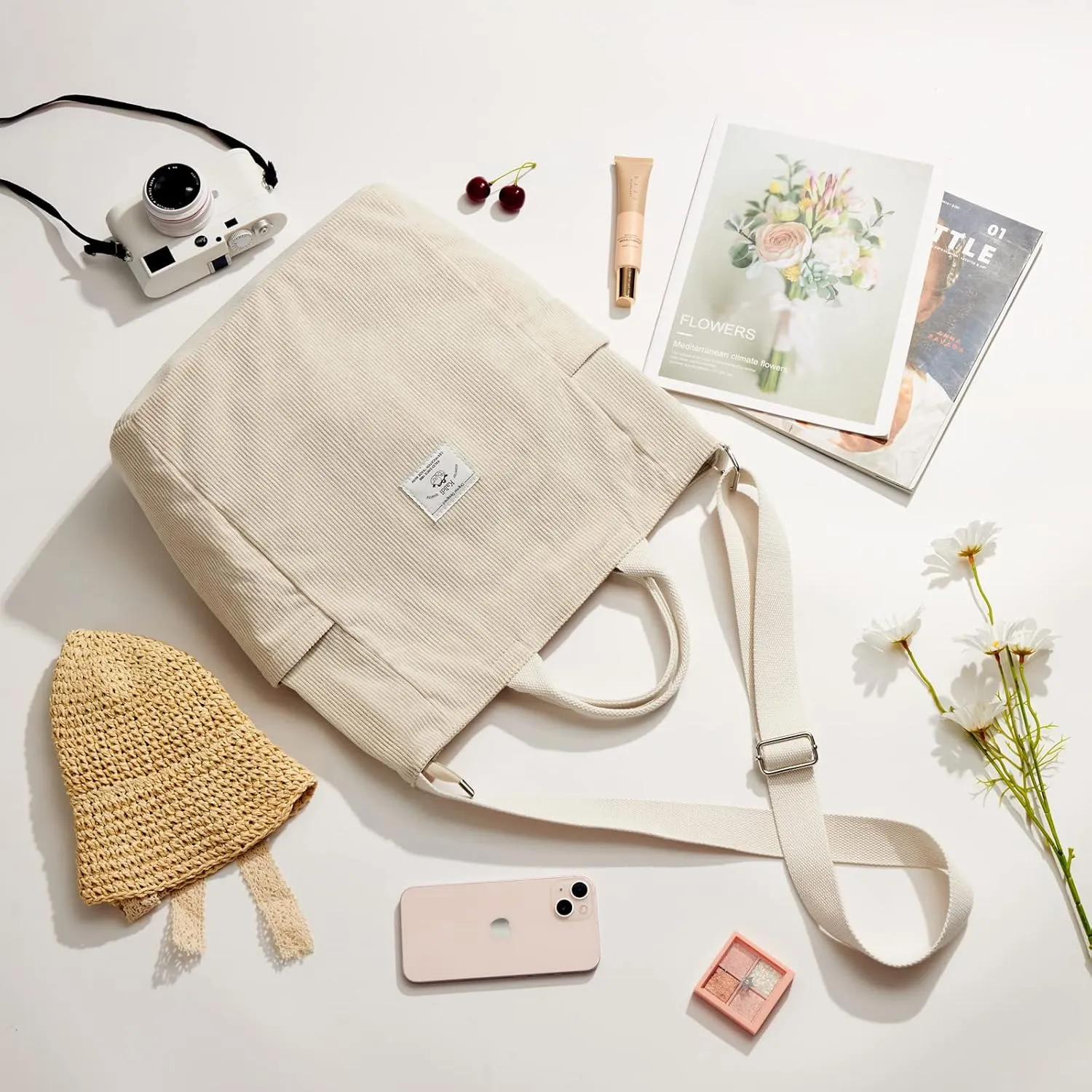 KALIDI Corduroy Tote Bag, Large Messenger Bag Shoulder Hobo Anti Splash Crossbody Zipper Bag Casual Work Shopping Women