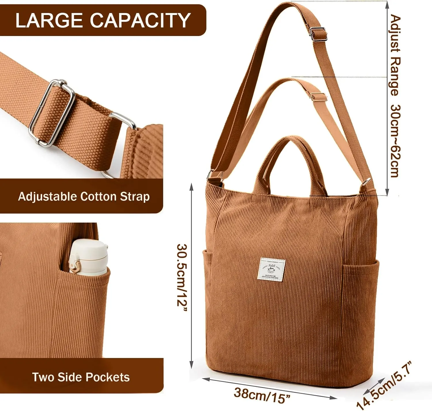 KALIDI Corduroy Tote Bag, Large Messenger Bag Shoulder Hobo Anti Splash Crossbody Zipper Bag Casual Work Shopping Women