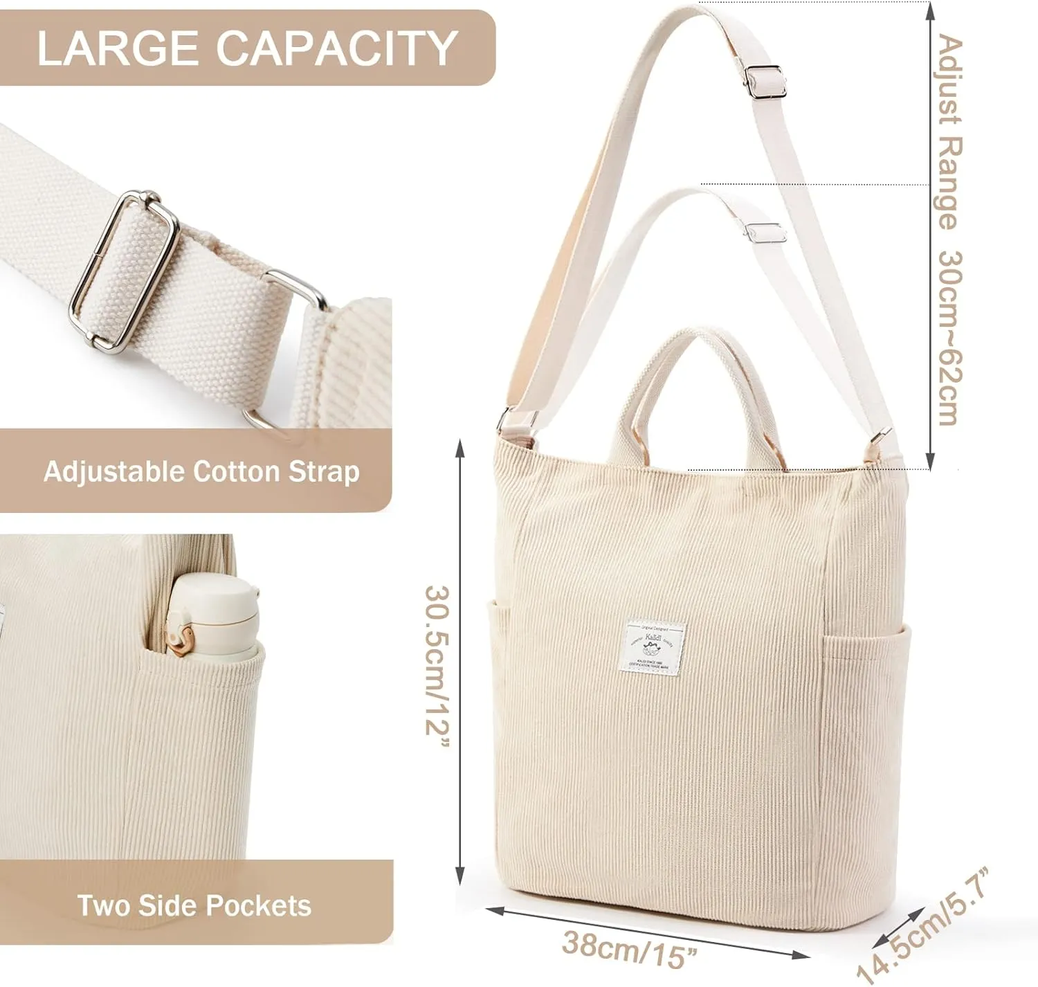 KALIDI Corduroy Tote Bag, Large Messenger Bag Shoulder Hobo Anti Splash Crossbody Zipper Bag Casual Work Shopping Women