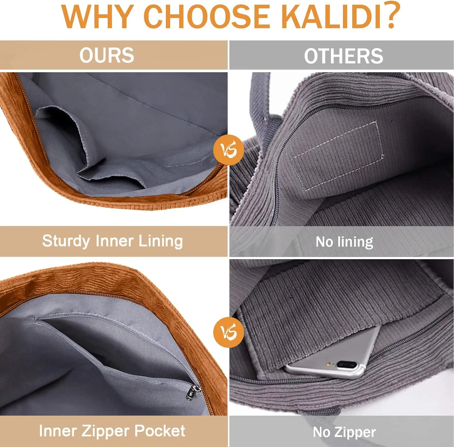 KALIDI Corduroy Tote Bag, Large Messenger Bag Shoulder Hobo Anti Splash Crossbody Zipper Bag Casual Work Shopping Women
