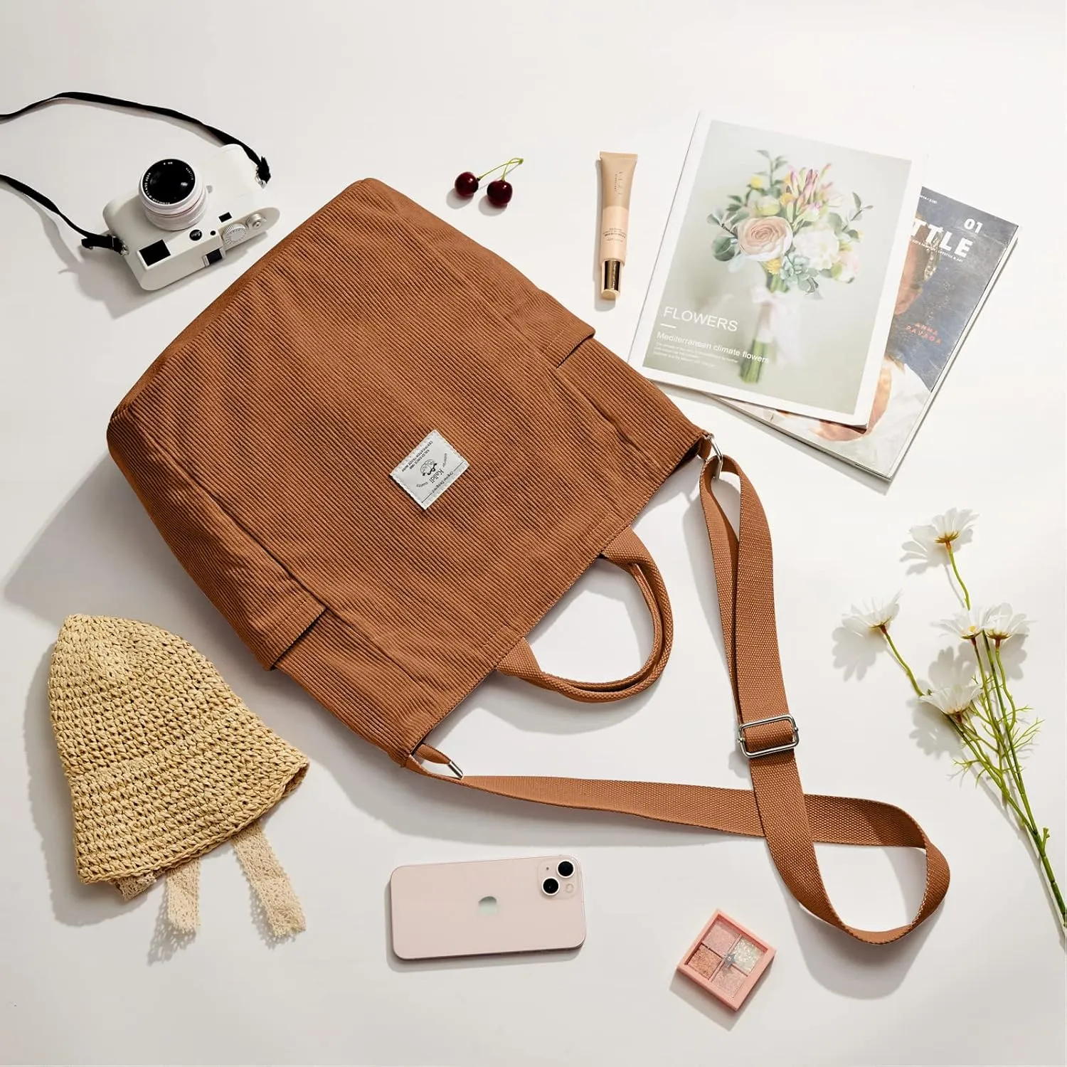 KALIDI Corduroy Tote Bag, Large Messenger Bag Shoulder Hobo Anti Splash Crossbody Zipper Bag Casual Work Shopping Women