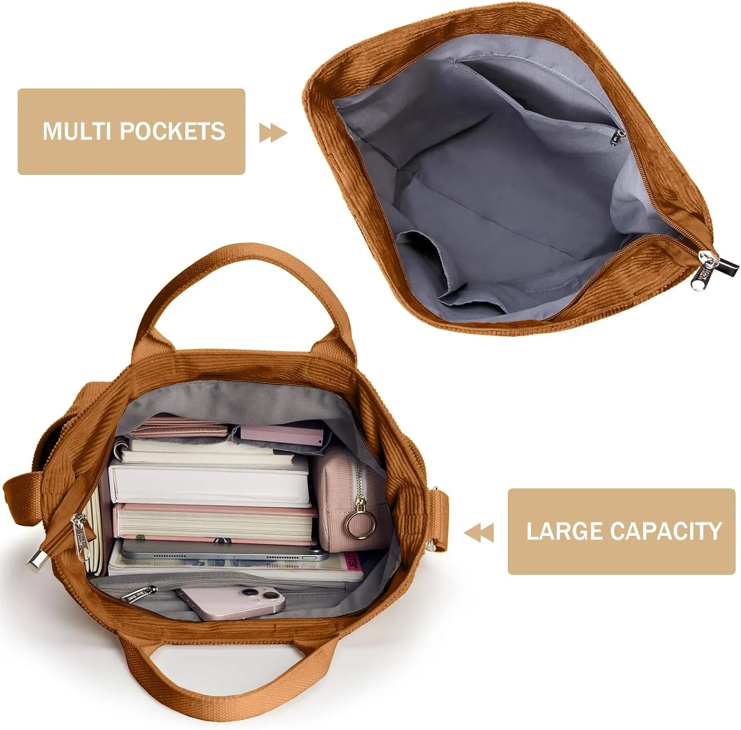 KALIDI Corduroy Tote Bag, Large Messenger Bag Shoulder Hobo Anti Splash Crossbody Zipper Bag Casual Work Shopping Women