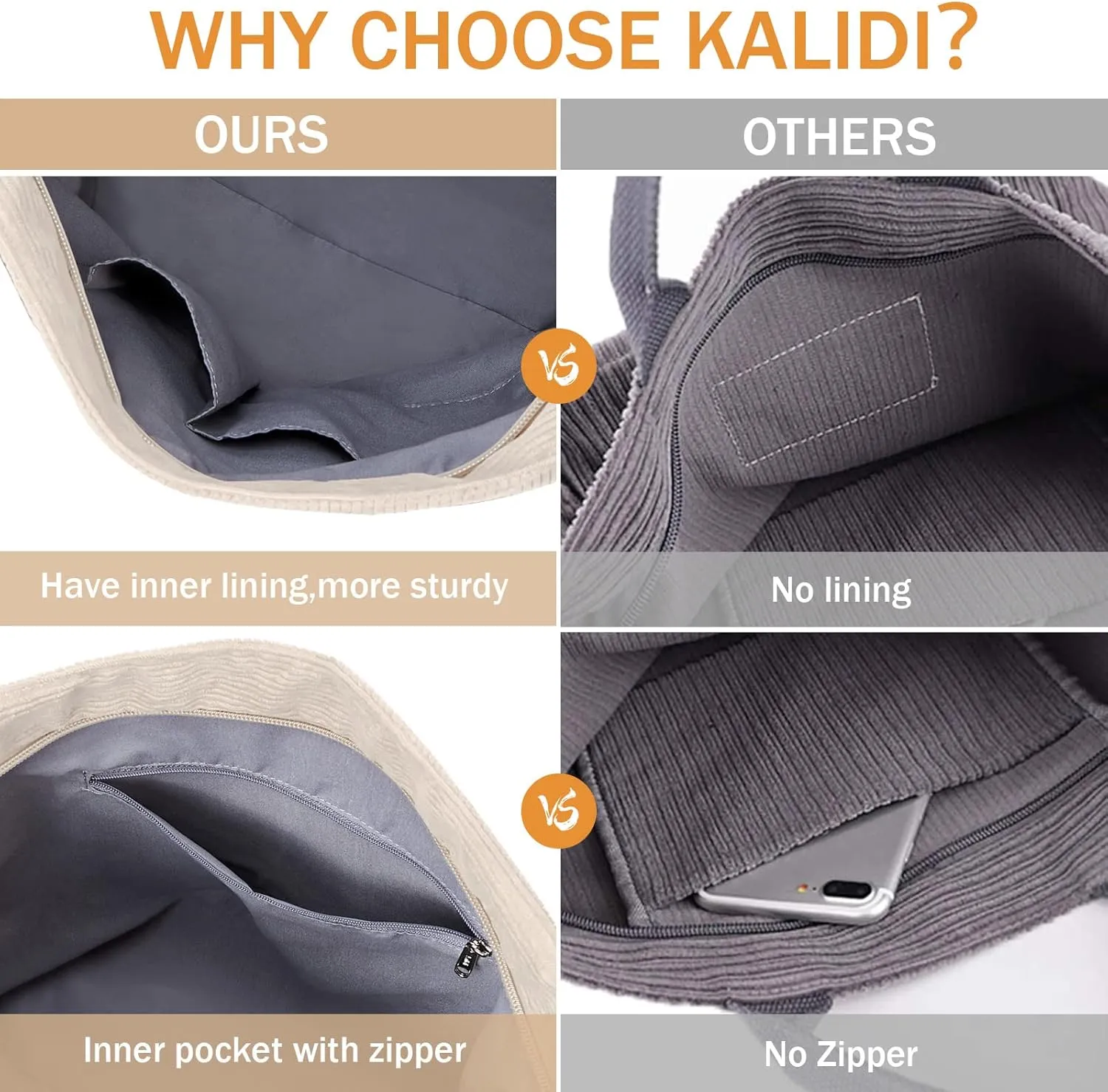 KALIDI Corduroy Tote Bag, Large Messenger Bag Shoulder Hobo Anti Splash Crossbody Zipper Bag Casual Work Shopping Women