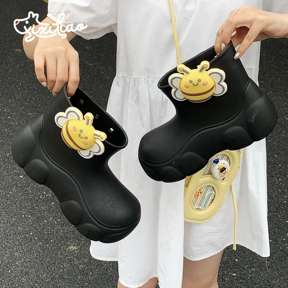 Kawaii Bees rain Boots for Women Cartoon Ladies Outdoor Waterproof Students Four Seasons Universal Rainy Rubber Shoes