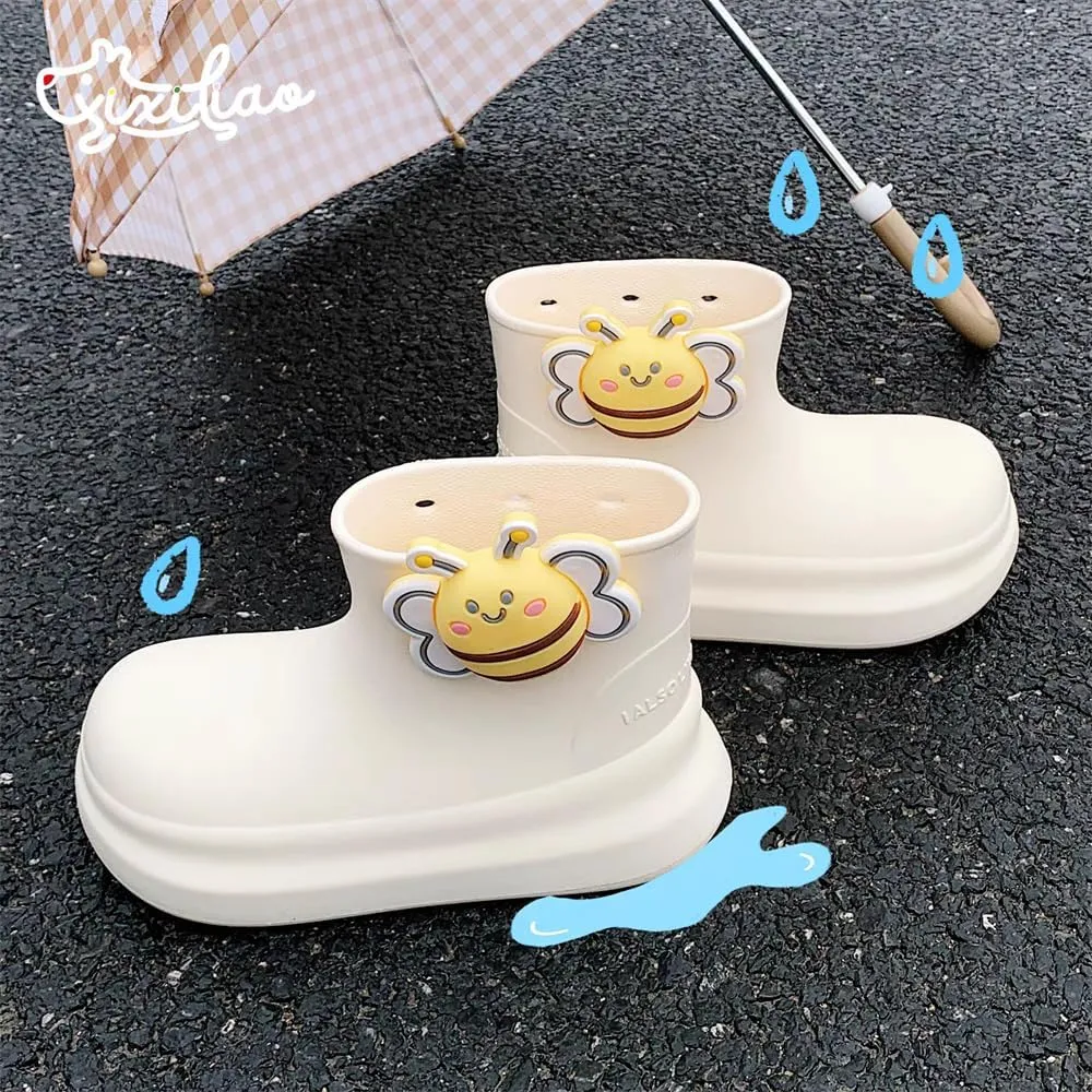 Kawaii Bees rain Boots for Women Cartoon Ladies Outdoor Waterproof Students Four Seasons Universal Rainy Rubber Shoes