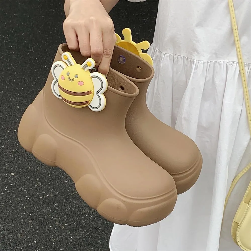 Kawaii Bees rain Boots for Women Cartoon Ladies Outdoor Waterproof Students Four Seasons Universal Rainy Rubber Shoes