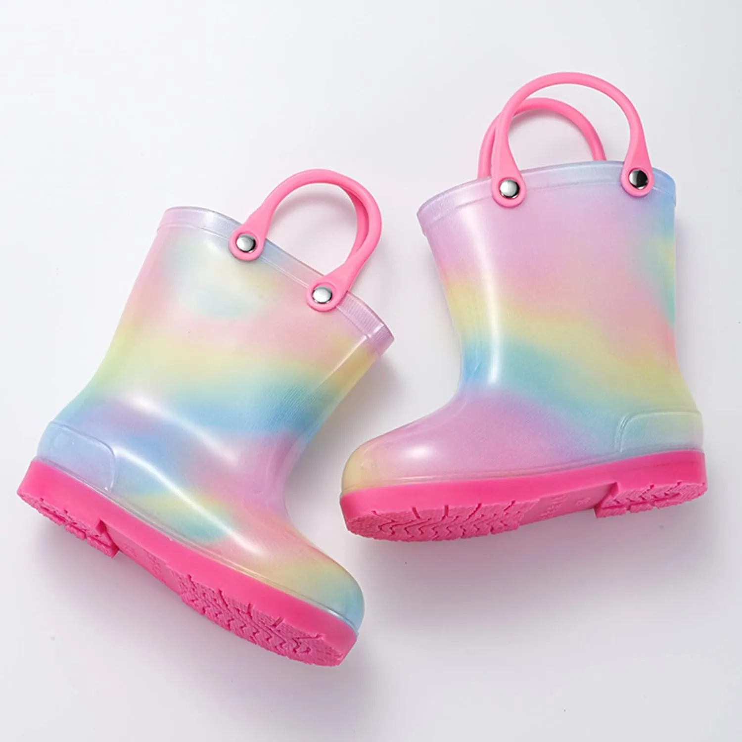 Kids Tie Dye Waterproof Rain Boot with Pull on Handles Toddler Girls Bow Rain Boots Rubber Boots Cute Baby Boy Boots