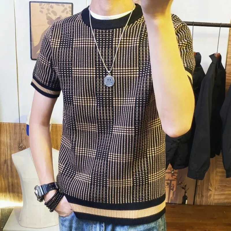 Knitted Striped Plaid Round Neck T-Shirt