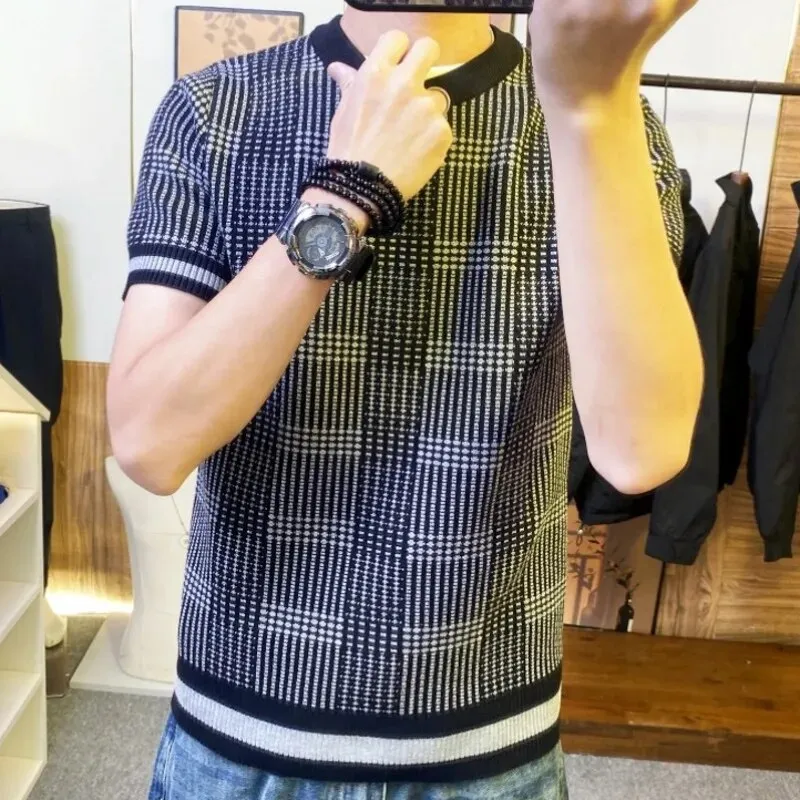 Knitted Striped Plaid Round Neck T-Shirt