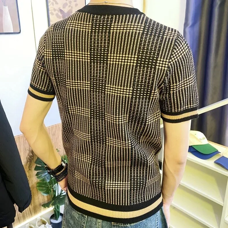Knitted Striped Plaid Round Neck T-Shirt