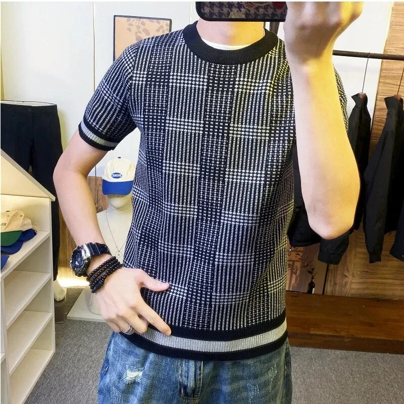 Knitted Striped Plaid Round Neck T-Shirt