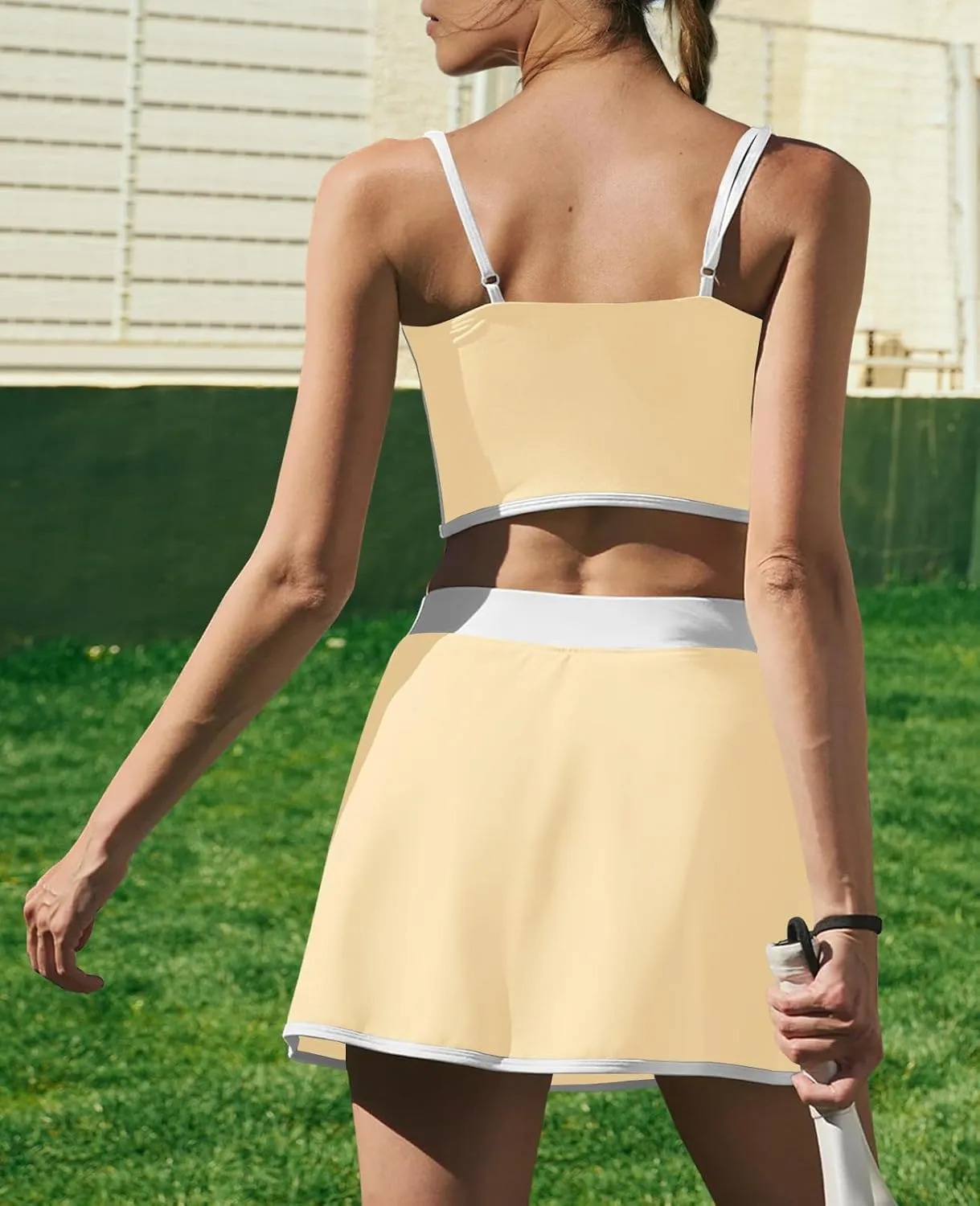 LAMISSCHE Tennis Skirt Sets Women 2 Piece Outfits Yoga Workout Set Skirt and Top Set with Built in Bra & Shorts