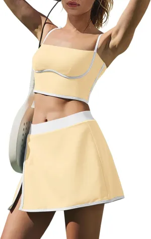 LAMISSCHE Tennis Skirt Sets Women 2 Piece Outfits Yoga Workout Set Skirt and Top Set with Built in Bra & Shorts