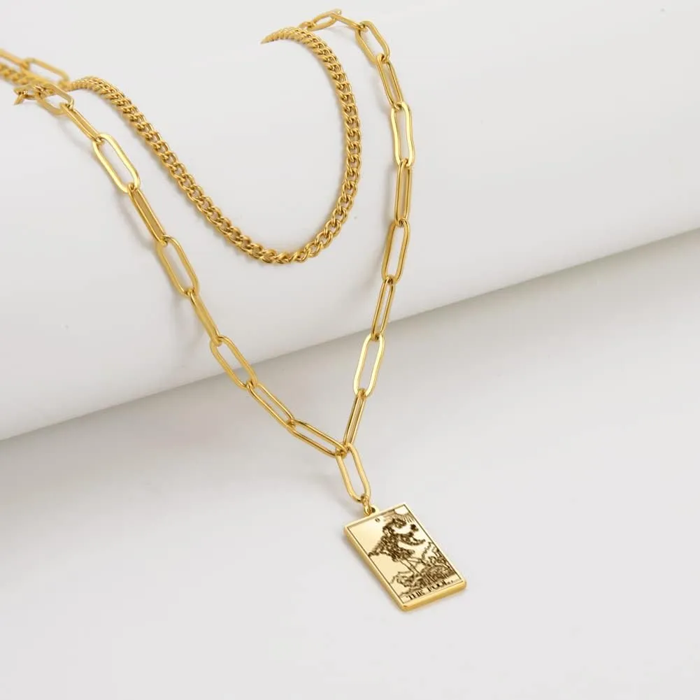 Layer Necklace Tarot Luck Pendants Stainless Steel Necklace