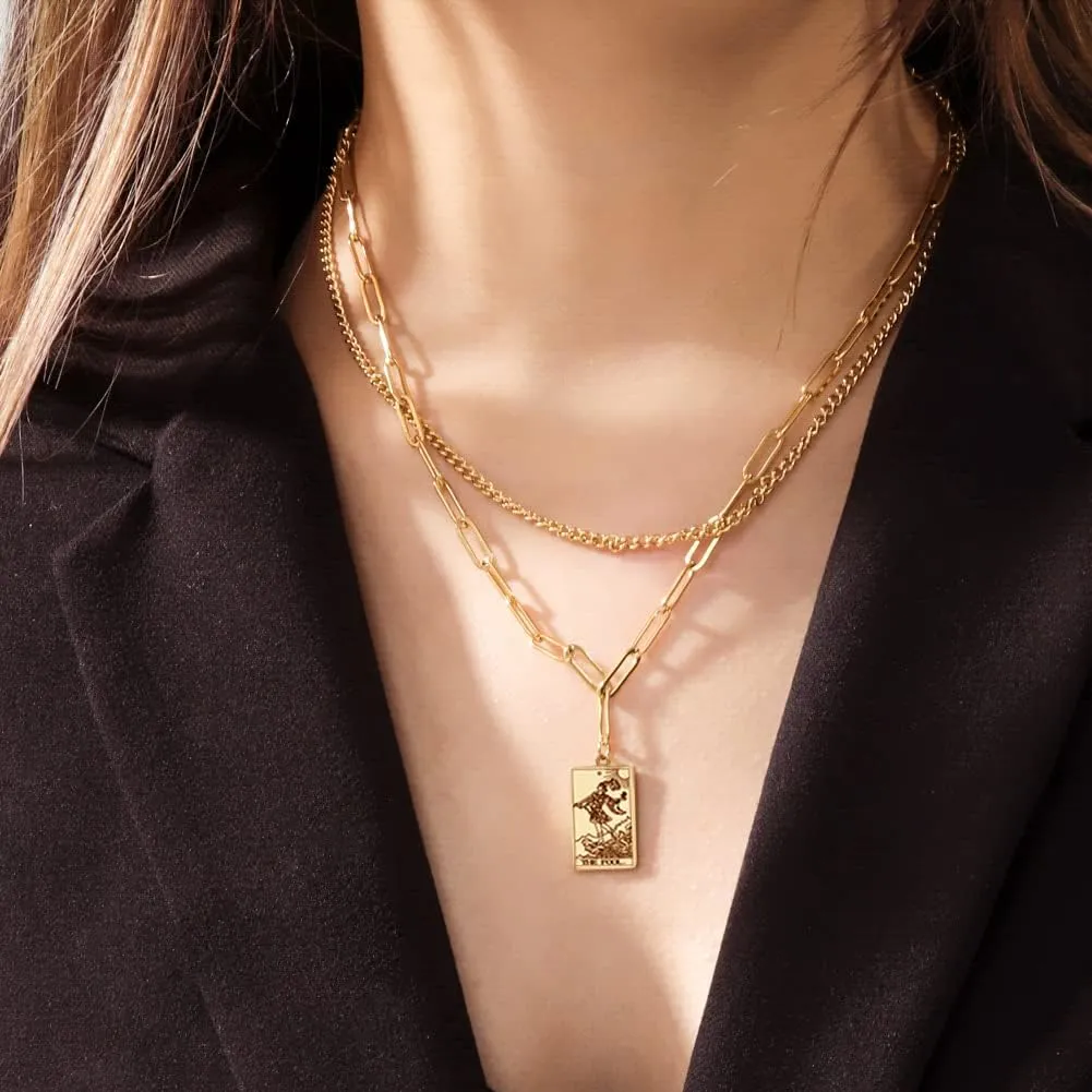 Layer Necklace Tarot Luck Pendants Stainless Steel Necklace
