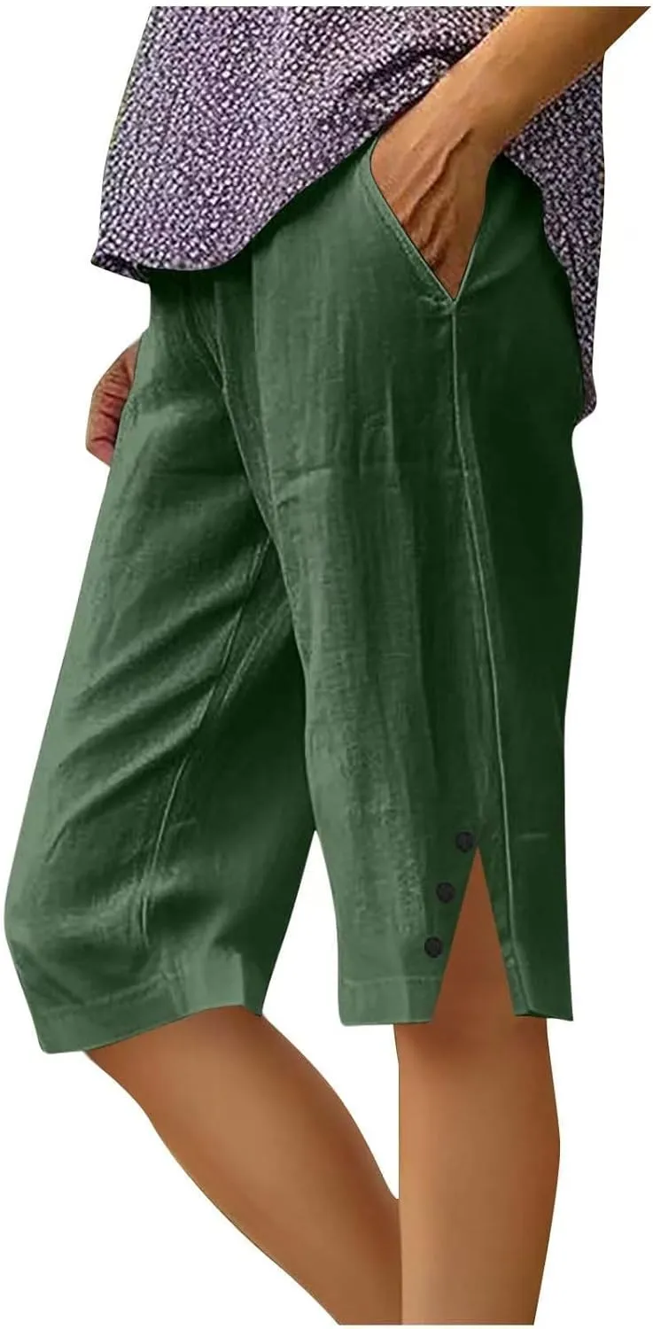 Linen Bermuda Shorts for Women Summer Drawstring Elastic High Short Knee Length Casual Shorts Vacation Beach Trousers