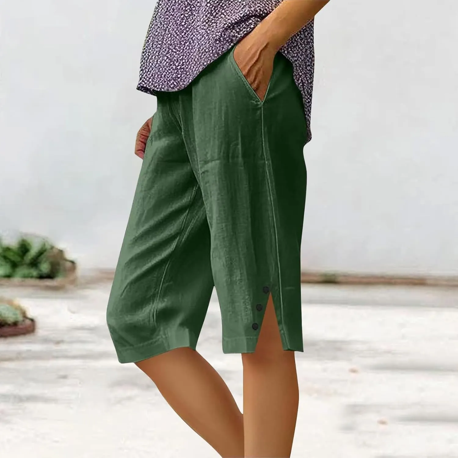 Linen Bermuda Shorts for Women Summer Drawstring Elastic High Short Knee Length Casual Shorts Vacation Beach Trousers
